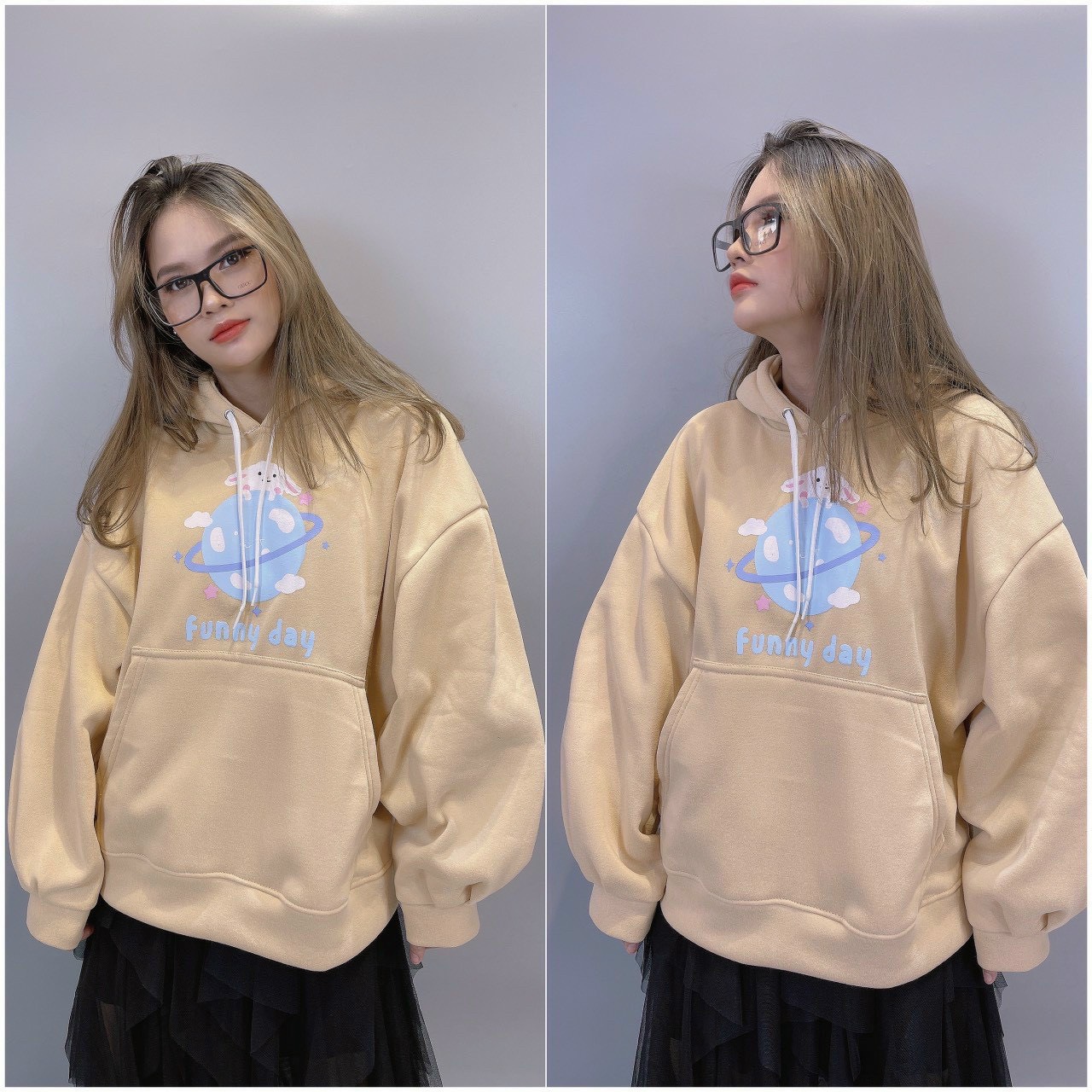 Áo Hoodies Tay Phồng In Hình Con Cừu và chữ Funny Day Chất Dày Dặn Thoáng Khí Không Xù Lông
