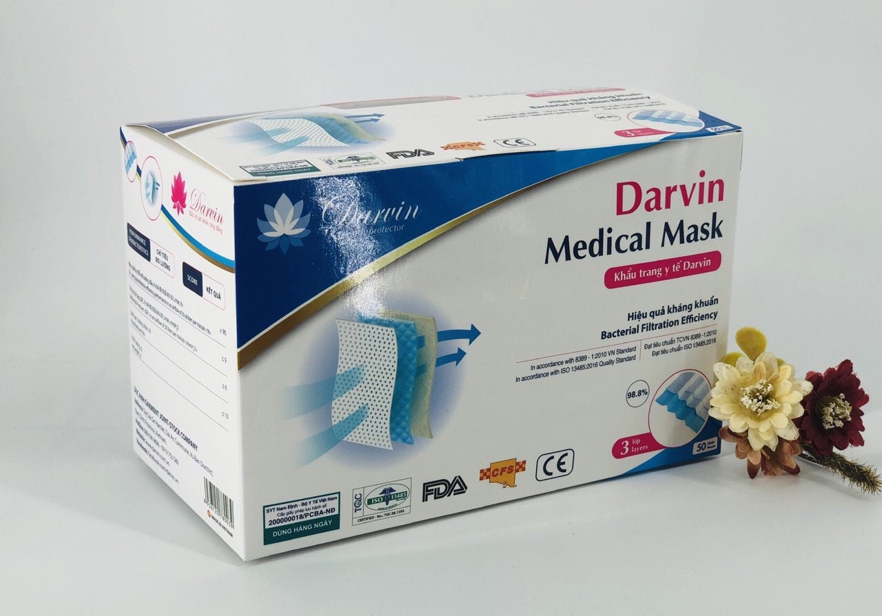 KHẨU TRANG Y TẾ  DARVIN 3 LỚP - XANH