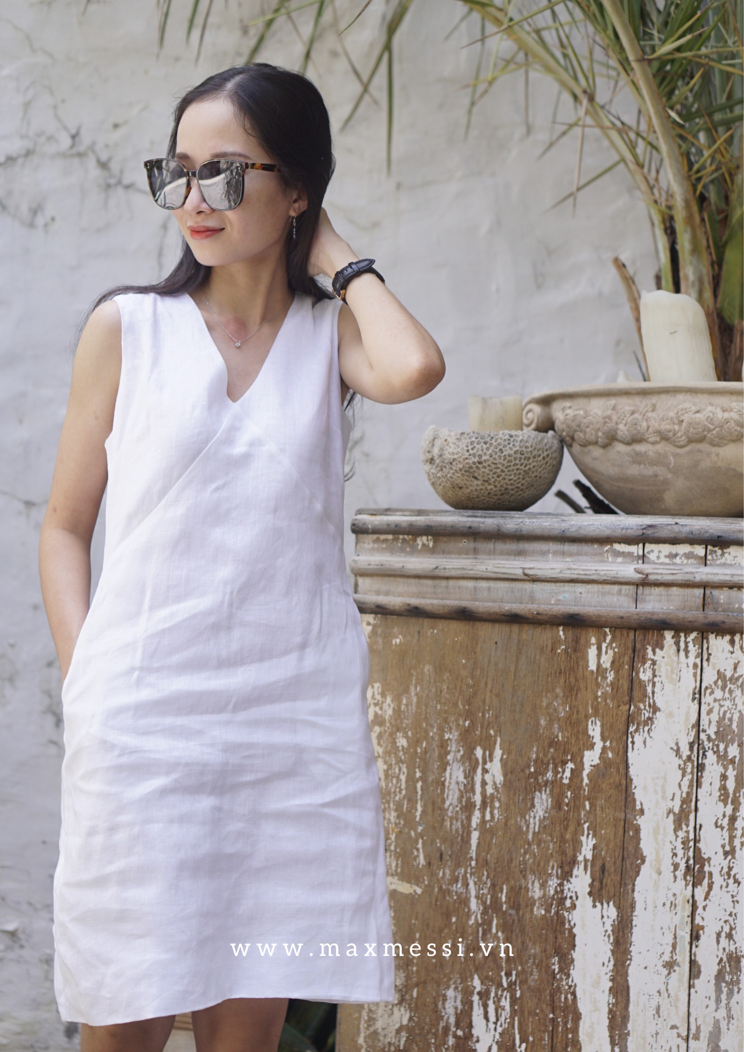 Đầm linen cổ tim LORENZO - MaxMessi