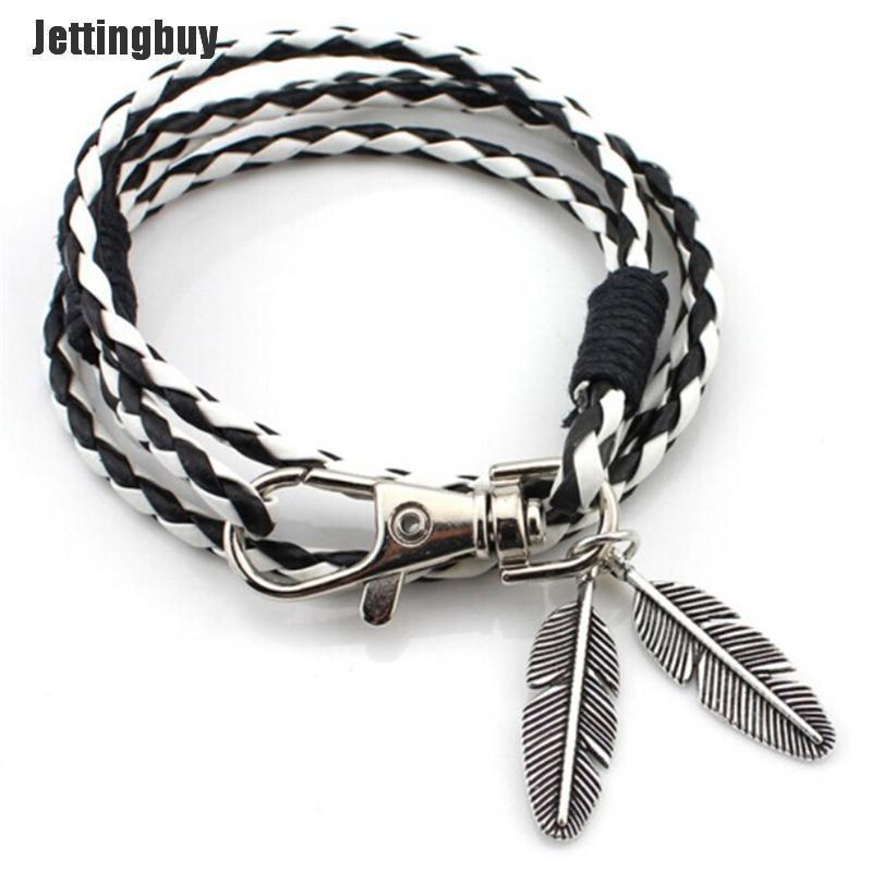 Jettingbuy Top Bangles Men Jewelry Accessories PU Leather Feather Charm Bracelets Red