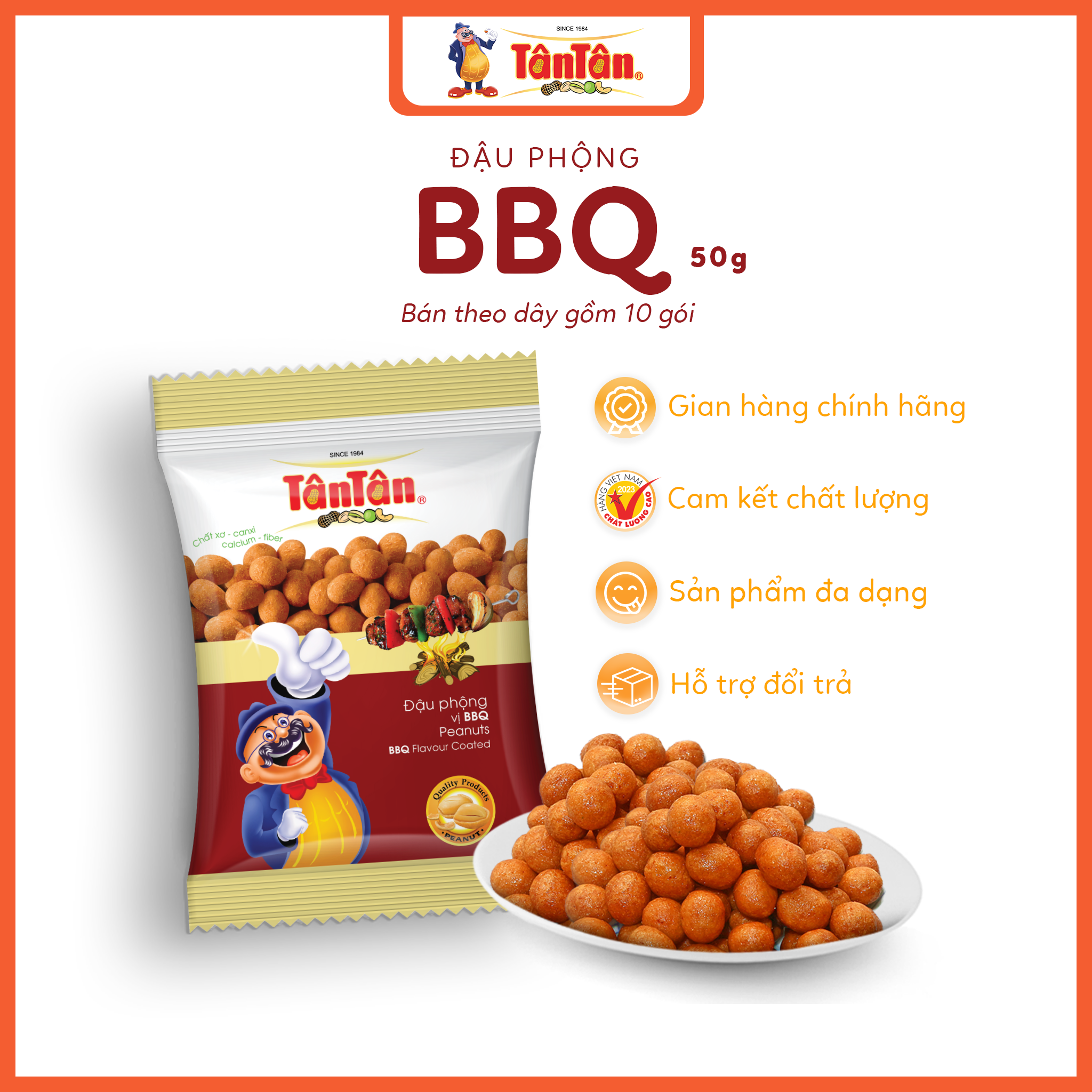 10 gói Đậu phộng vị BBQ Tân Tân (50g/gói)