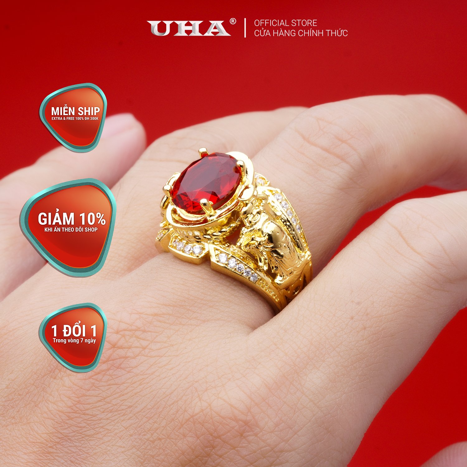 Nhẫn Nam UHA, Nhẫn nam Phong Thủy Thần Tài - May Mắn- mạ vàng 18k bền màu- sang trọng lịch lãm