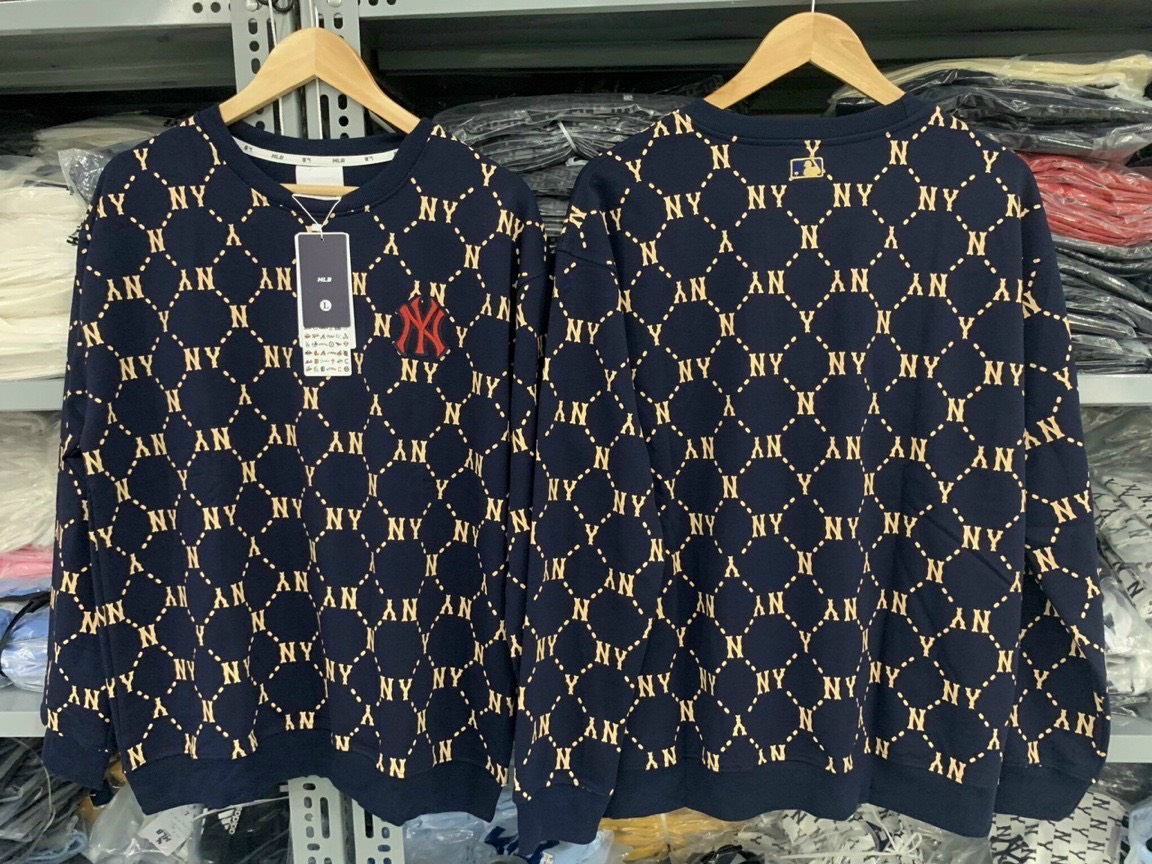 Áo thun nỉ sweater monogram NY MLB tay dài thun da cá