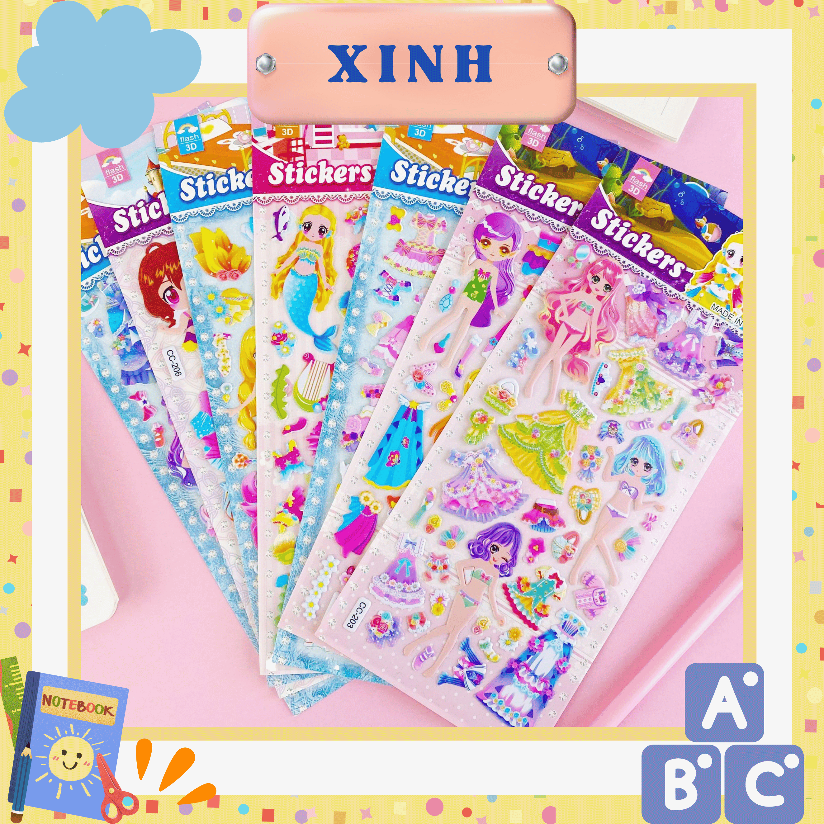 Set 5 Tờ Sticker nổi hình dáng công chúa cho bé gái