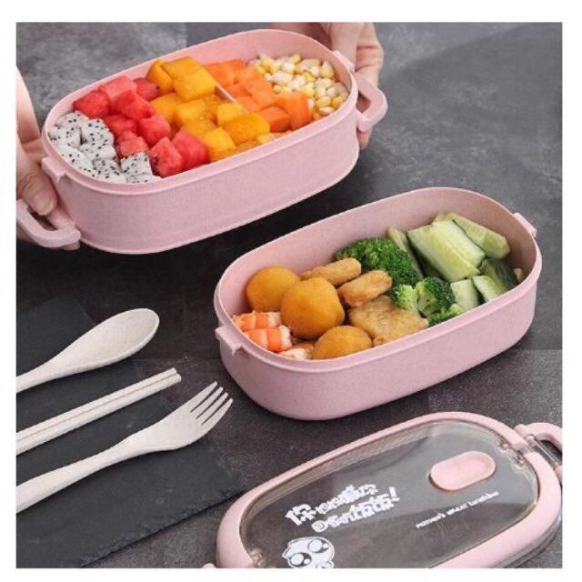 Hộp cơm lúa mạch 2 tầng  cao cấp tặng kèm thìa, dĩa, đũa
