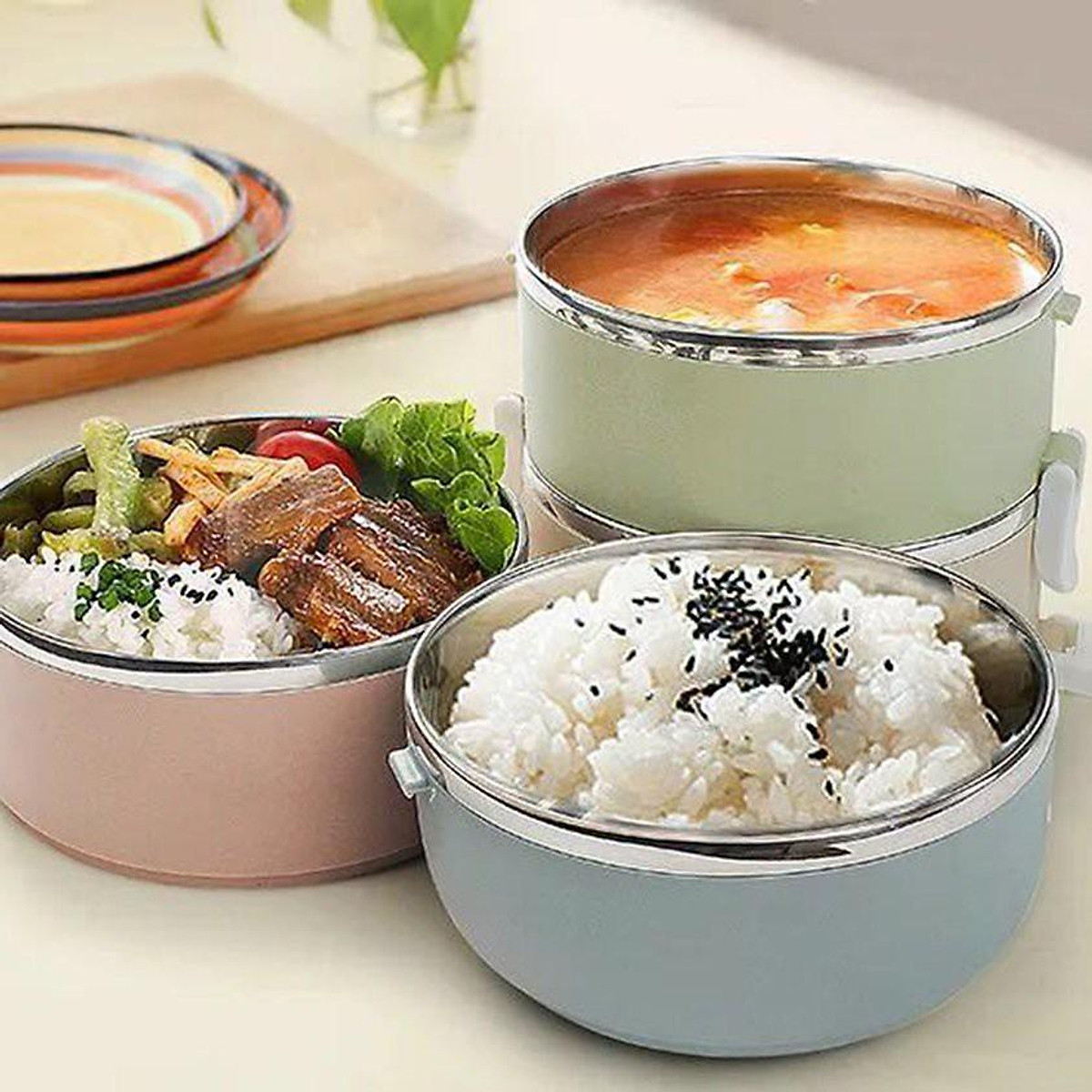 Hộp đựng cơm giữ nhiệt 4 ngăn/hộp đựng cơm giữ nhiệt inox giá rẻ -Hộp cơm hộp đựng cơm văn phòng giữ nhiệt 4 tầng inox