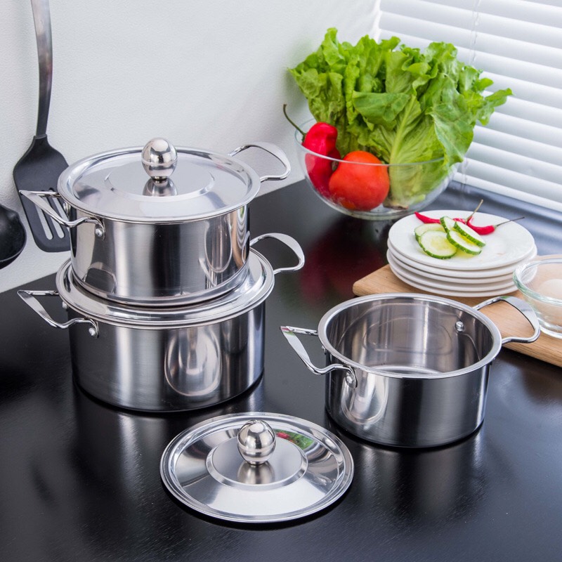 Combo 3 nồi inox có nắp nồi 16cm nồi 18cm nồi 20cm