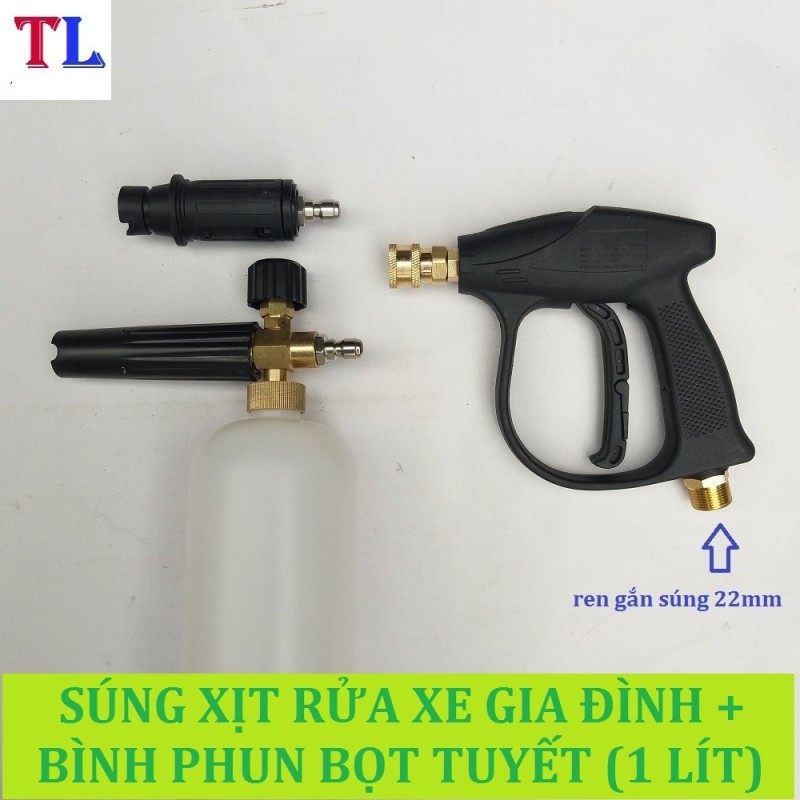 Combo bộ vòi xịt rửa xe áp lực cao và bình phun tạo bọt tuyết cao áp tay xịt ren ngoài 22mm và bình 1 lít