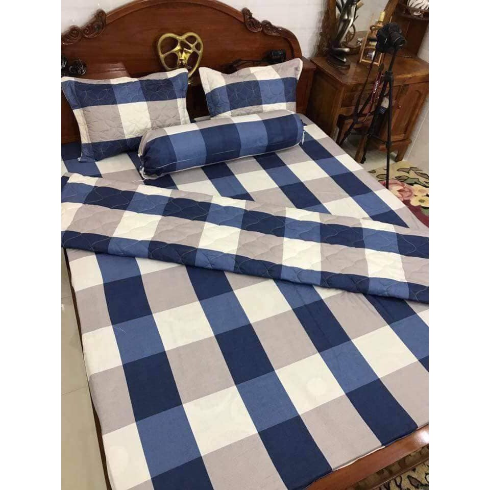 [Giá Hời] Bộ Chăn Ga 5 Món - 4 Món Cotton Poly caro ( 1m6 x 2m ) - ( 1 drap + 1 vỏ gối ôm + 2 vỏ gối nằm + 1 chăn hè )