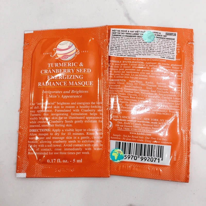 Sample gói Mặt nạ Nghệ KIEHL'S Tumeric & Cranberry Sáng Da Mờ Thâm