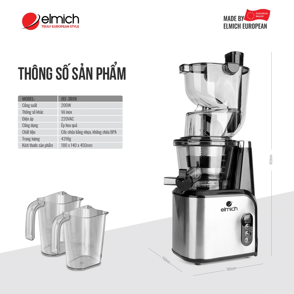 Máy Ép Chậm Elmich JEE-3898 ( Điện áp 220V - Công suất 200W - Màu Bạc)