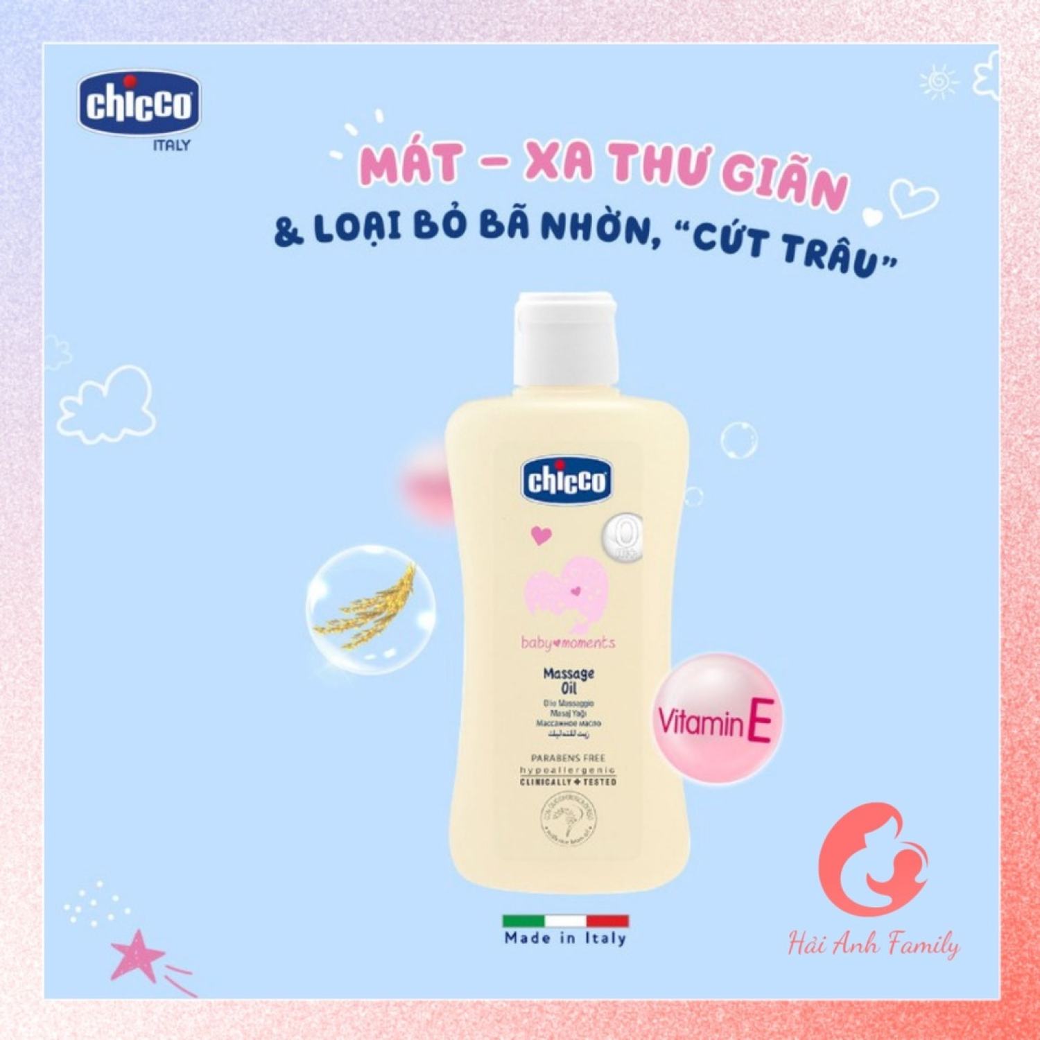 Dầu Mát-xa chiết xuất hạt bông 0m+ Chicco 200ml