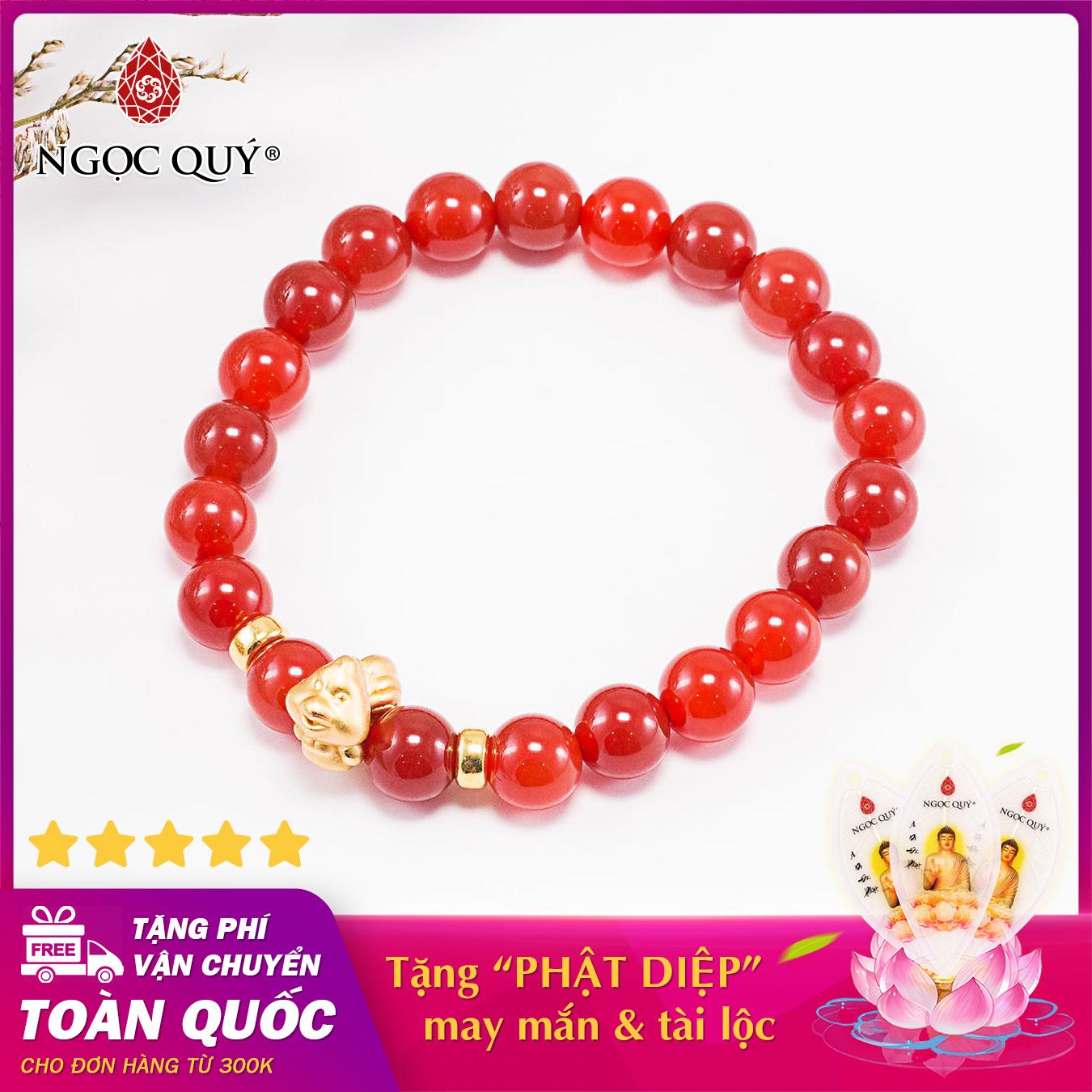 Vòng tay phong thủy đá mã não đỏ charm tuổi tuất bạc mạ vàng 24k 8mm mệnh hỏa , thổ - Ngọc Quý Gemstones