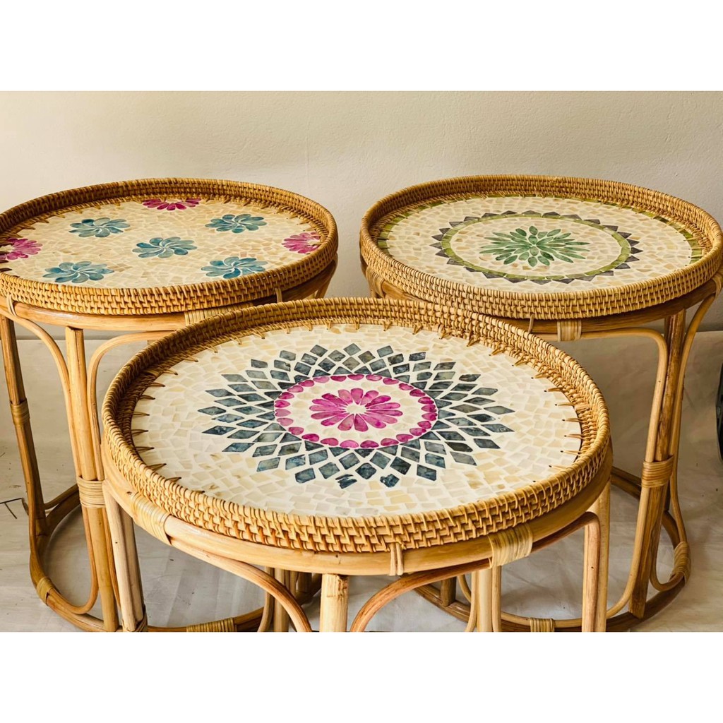 Bàn trà mây mặt khảm trai vintage