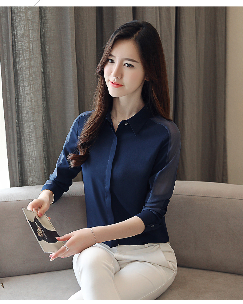 Áo sơ mi nữ Giấu Nút tay dài phối voan mỏng