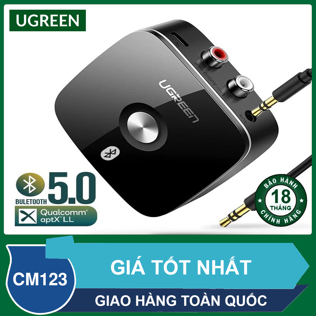 Thiết bị nhận bluetooth 5.0 cao cấp cổng 3.5mm & 2RCA /UGREEN CM123