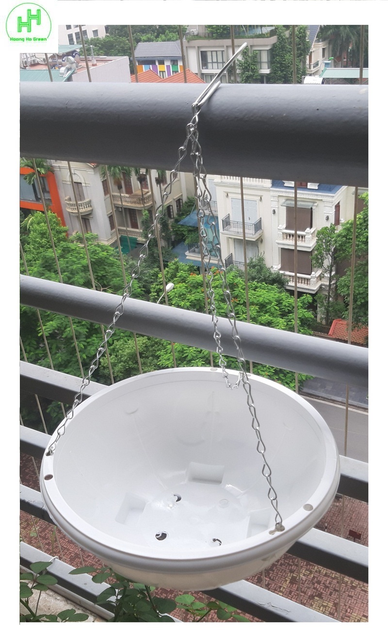 10 Chậu Nhựa Tròn Trồng Hoa Màu Trắng Có Móc Treo - Chậu chảo treo trồng hoa có móc xích kèm theo! KT: 29x12cm (ĐK x Cao)