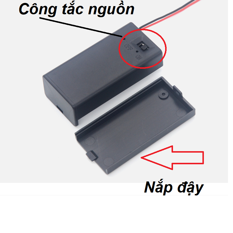Hộp đựng pin 9v có công tắc BẬT tắt, 2 đầu dây ra và nắp đậy
