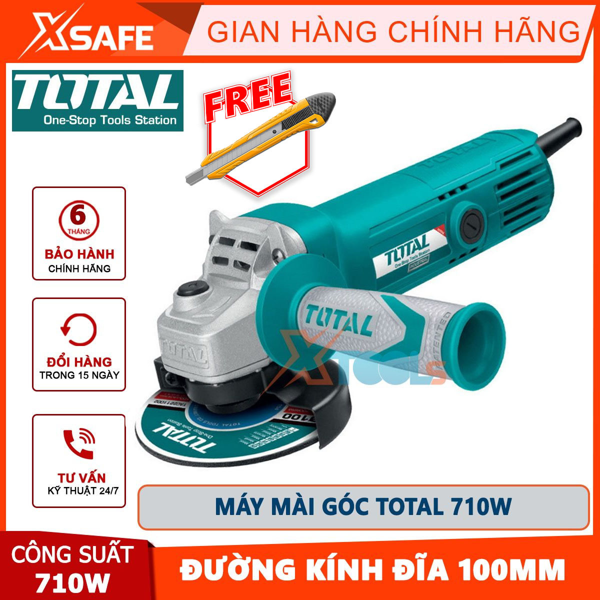 Máy mài cầm tay 710w total tg1071006 máy mài góc đường kính đĩa mài 100mm, trục chính m10, tốc độ không tải 11000rpm, điện thế 220-240v ~ 50/60hz có kèm tay cầm phụ.