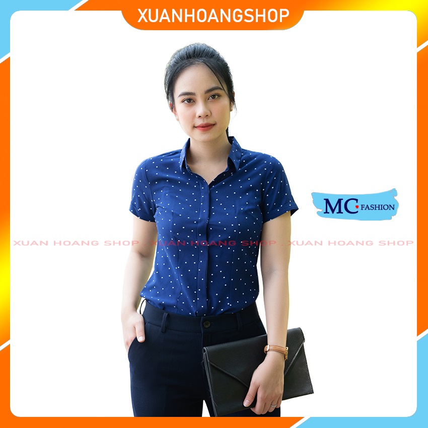 Áo Sơ Mi Nữ Công Sở MC Fashion Họa Tiết Chấm Bi Kiểu Áo Sơ Mi Nữ Tay Ngắn Cộc 4 Màu( Vàng, Xanh Tím Than A0257, Đỏ, Trắng)