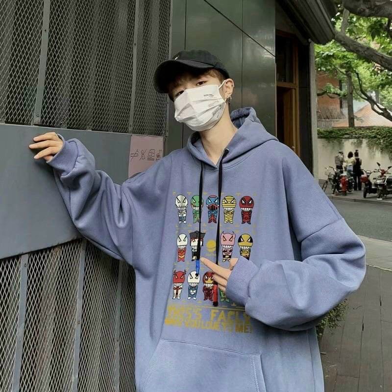 ÁO HOODIE NAM FORM RỘNG CHẤT NỈ NGOẠI DÀY DẶN IN STICKER SIÊU NHÂN BÁ ĐẠO