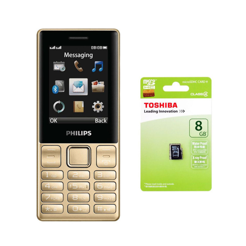 Bộ 1 ĐTDĐ Philips E170 2 Sim (Vàng) - Hãng phân phối chính thức + 1 Thẻ nhớ MicroSD 8GB Class 4