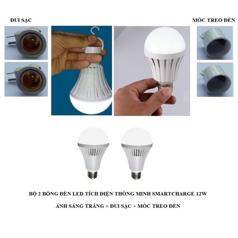 Bộ 2 bóng đèn tích điện thông minh SMARTCHARGE 12W (Ánh sáng trắng) + Đui sạc + Móc treo đèn
