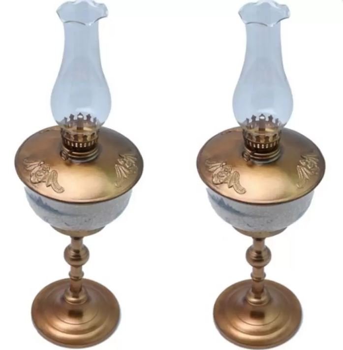 Bộ 2 đèn dầu thờ men lam cổ bọc đồng Bát Tràng-03