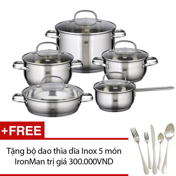 Bộ Nồi Elo New Lagoon 5 Món Nắp Kính + Tặng bộ dao thìa dĩa Inox 5 món IronMan