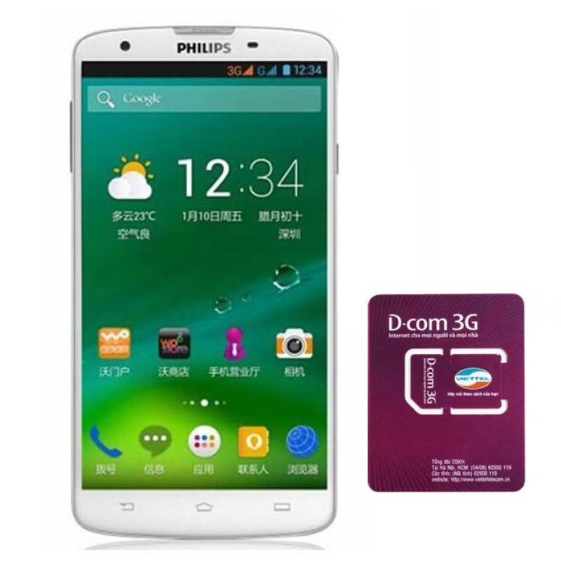 Bộ Philips I908 16GB 2 SIM (Trắng) - Hãng phân phối chính thức và SIM Dcom 3G Viettel