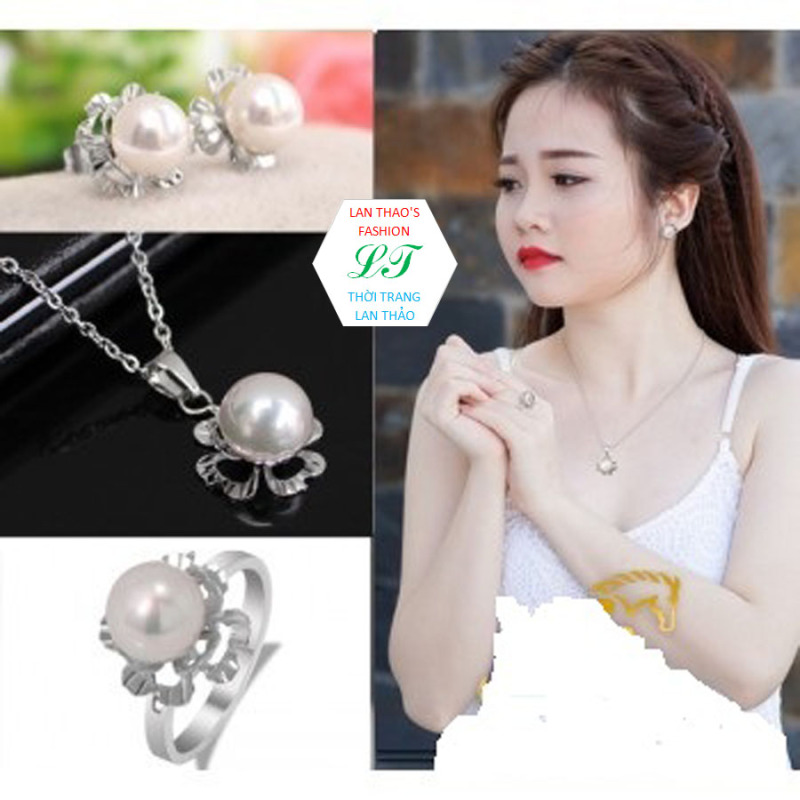 Bộ trang sức inox 3 món ngọc trai đệm cỏ bốn lá siêu xinh BO020 (Trắng)