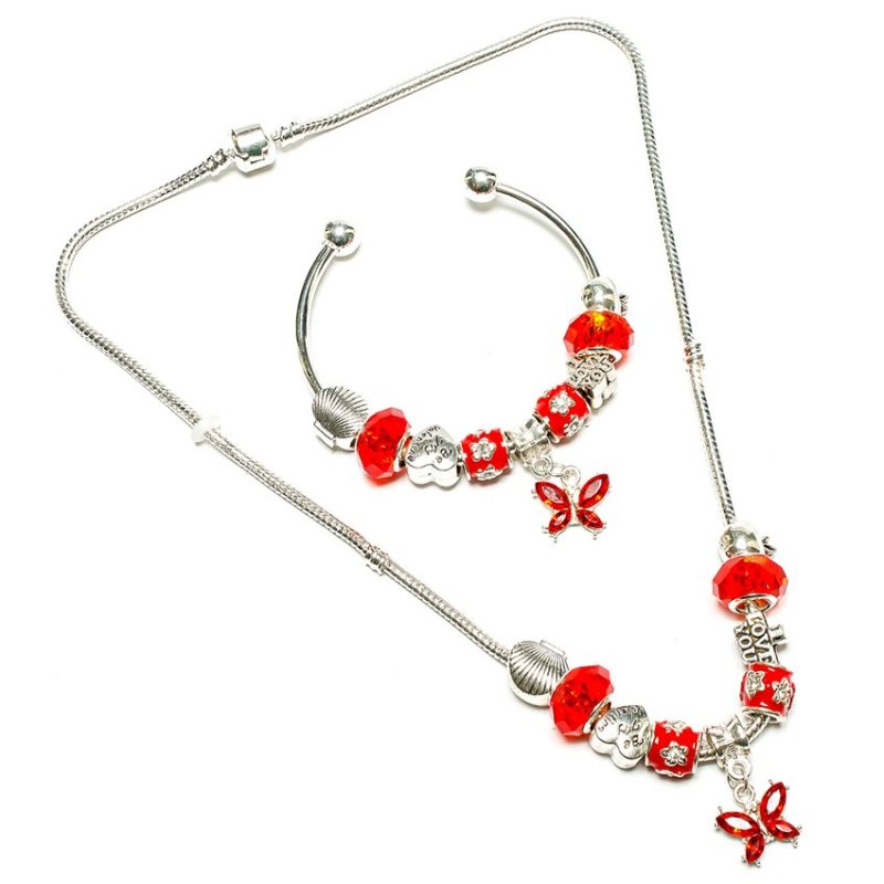 Bộ Vòng Tay và Vòng Cổ Hạt Charm Đỏ BƯỚM XINH ELIZABETH SET2-7101-399 (Bạc)