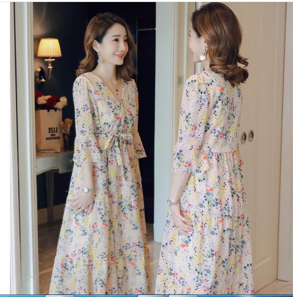 [HCM]ĐẦM BẦU VÁY BẦU CÔNG SỞ IN HOA 2 MÀU (sau sanh có nút cho bé bú )