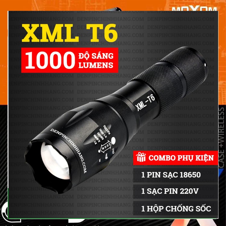 [ LOẠI TỐT ] Đèn pin siêu sáng 5 chế độ, chiếu xa trăm mét - Bộ sản phẩm gồm 1 đèn pin led mini cầm tay XML-T6, 1 pin sạc, 1 bộ sạc, 1 dụng cụ xài pin AAA, 1 đồ bảo vệ pin, 1 hộp đựng pin