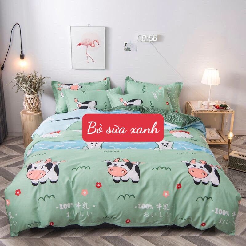 Bộ Ga Gối 3 Món1m6x2m Poly cotton, mẫu bò sữa xanh