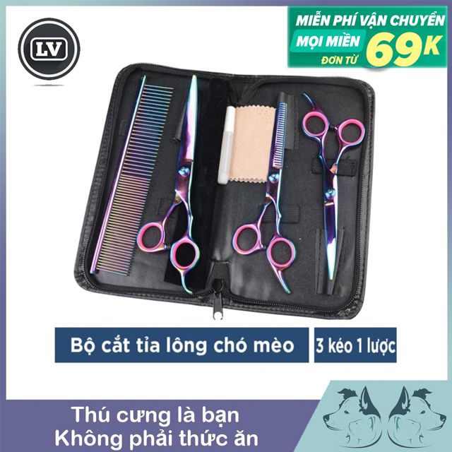 Bộ kéo cắt tỉa lông chó mèo -  3 kéo 1 lược (Kéo cong cắt tỉa lông chó mèo)