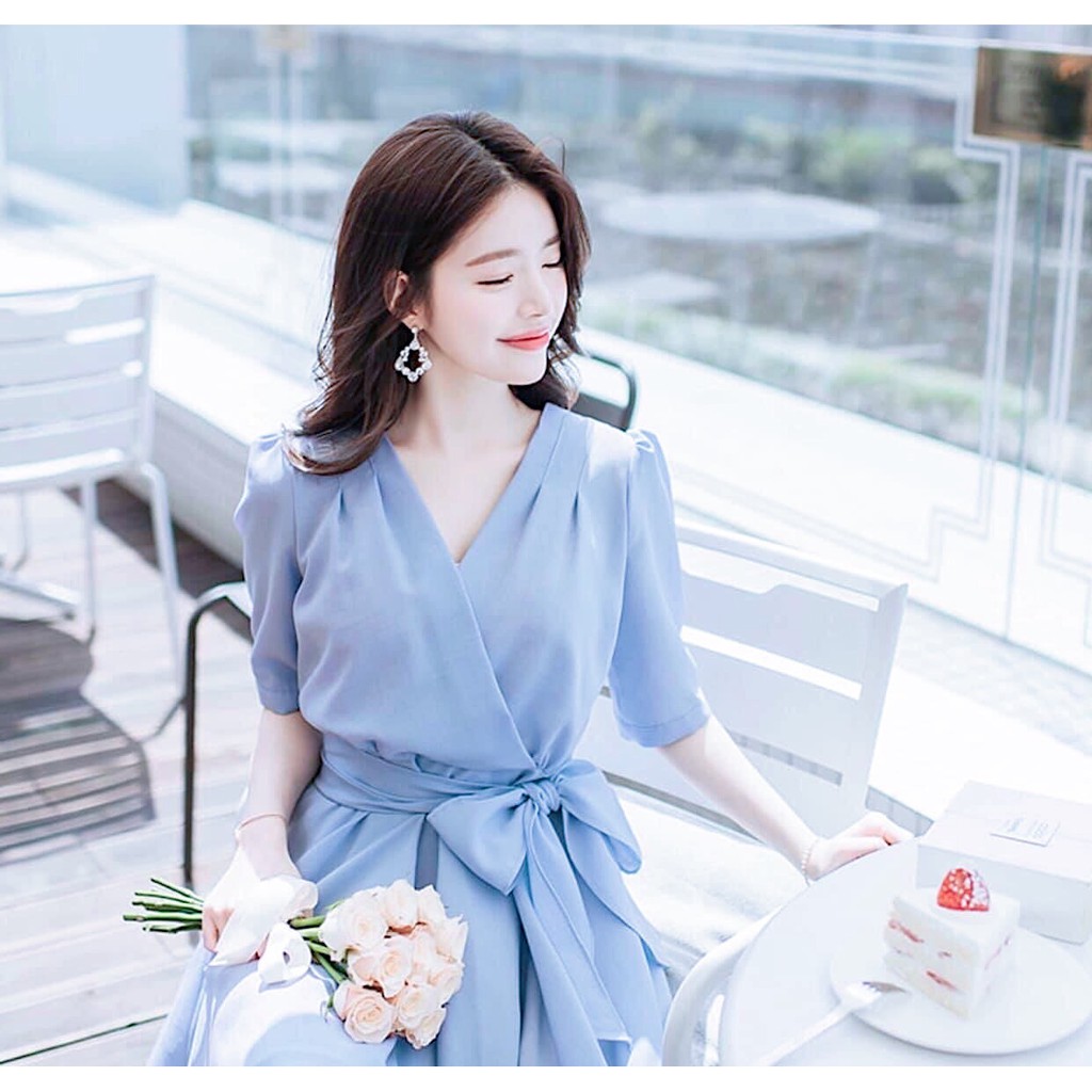 Đầm Xòe Xanh Đắp Chéo Buộc Eo - DX023