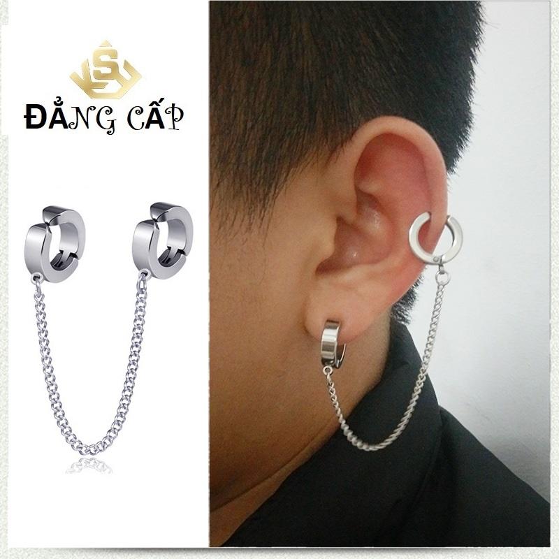 Khuyên Tai  Nam Titan Khóa Còng Xích Đôi Đối Xứng  Phong Cách Hàn ( Kiểu Kẹp  Không Cần Xỏ Lỗ) KTCONGXICHDOI01