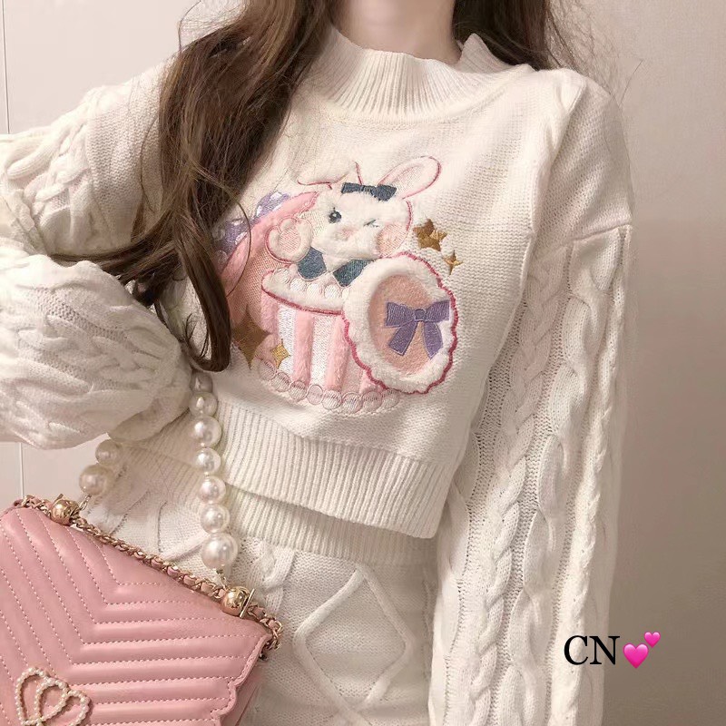 Set len thỏ vặn thừng áo croptop + chân váy QCCC