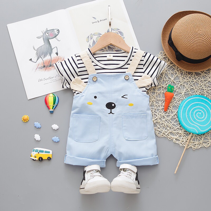 Yếm GẤU kèm áo thun cotton kẻ cho bé
