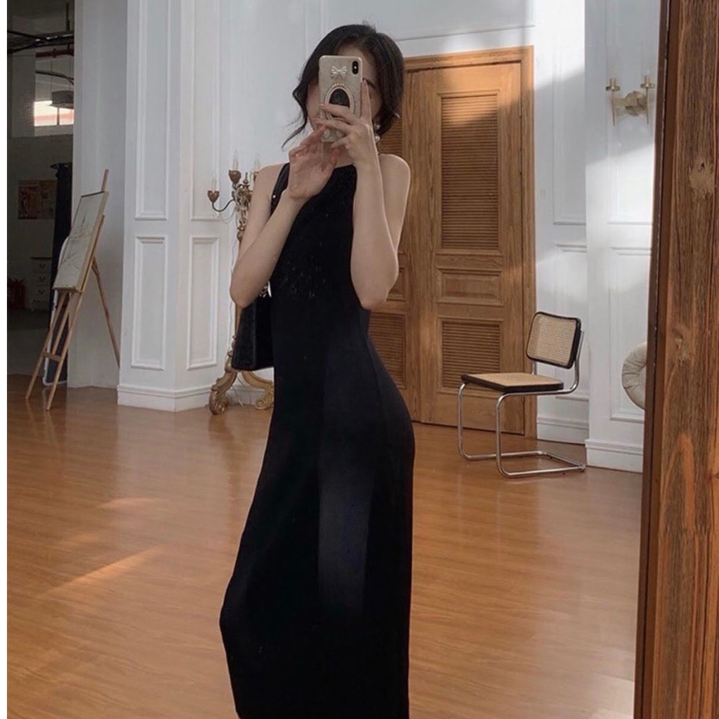 [Ảnh thật] Đầm phi đen 2 dây body cổ thuyền hở lưng