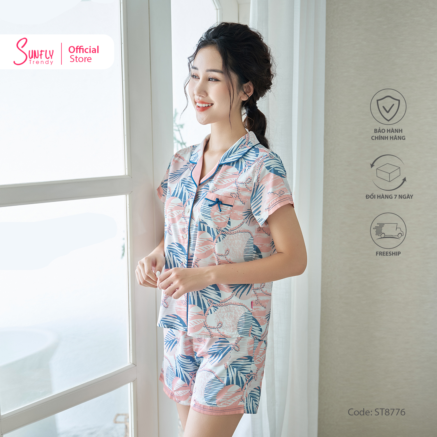 [VOUCHER ĐỘC QUYỀN 15.1 - GIẢM 15% TỐI ĐA 100K]Bộ Đồ Mặc Nhà Nữ Pyjamas Lụa SUNFLY Áo Cộc Quần Sooc ST8776