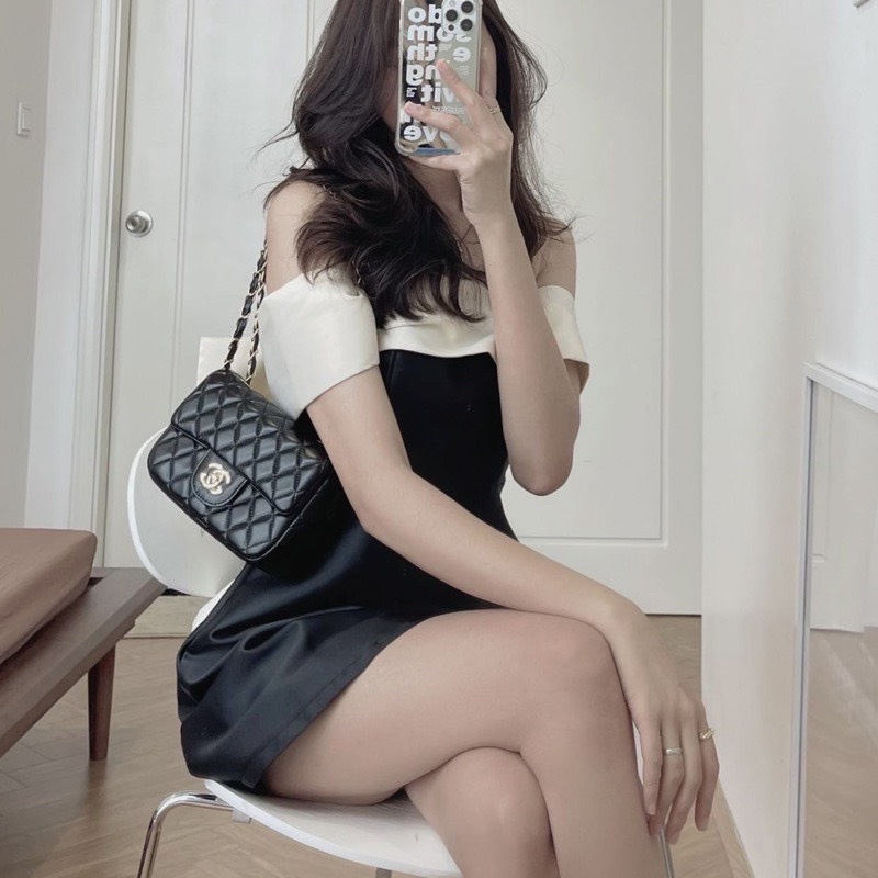 Đầm trễ vai phối nơ trắng sau lưng siêu xinh sang chảnh, đầm tapda trễ vai nơ lưng có sẵn đệm mút cao cấp quyến rũ, đầm nữ dáng xòe dự tiệc kiểu trễ vai phối nơ to phía sau