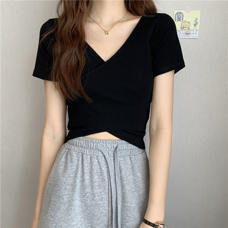 MS31 Áo thun nữ trơn vạt chéo croptop hở eo