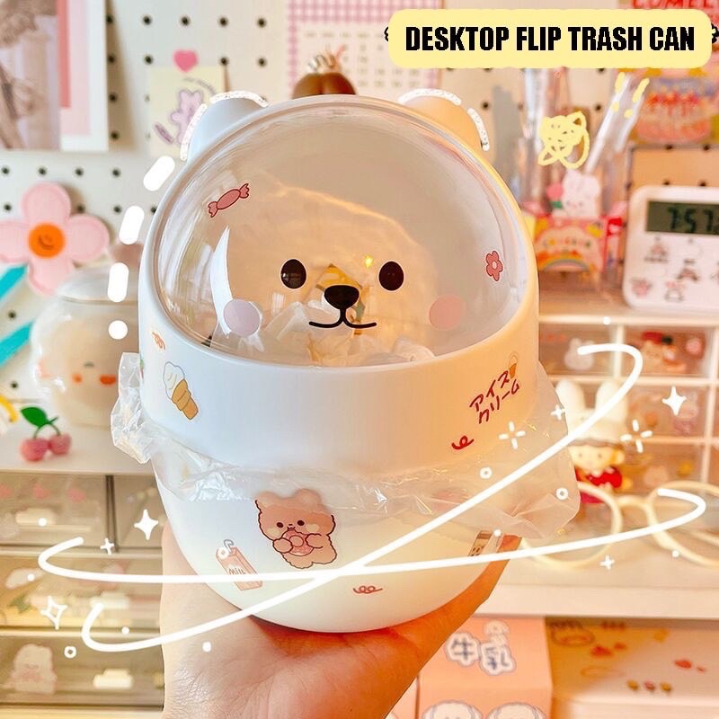 Thùng Rác Mini Hình Gấu Có Nắp Kiêm Hộp Đựng Bút Và Đồ Cá Nhân Để Bàn