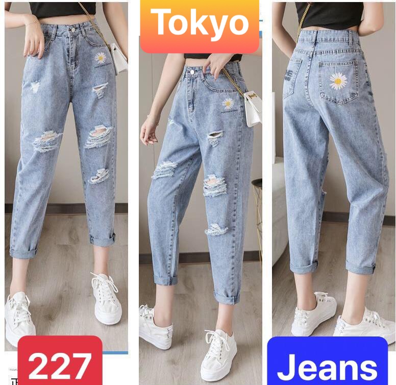 QUẦN JEAN BAGGY NỮ CHẤT BÒ XANH RÁCH HOA CÚC LƯNG CAO NÂNG MÔNG HOKKAIDO TK-227 CAO CẤP - TOKYO FASHION