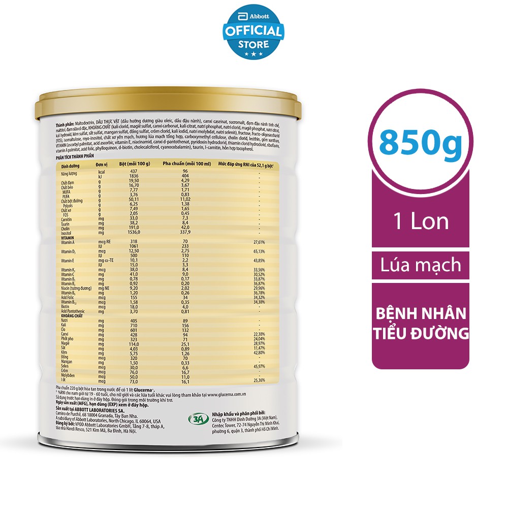 Lon sữa bột Abbott Glucerna Hương Lúa mạch 850gram