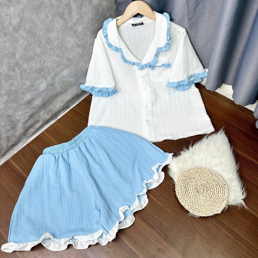 TopRank women's lovely ruffles style pajamas set with 1 side pocket cool sponge linen pajamas set fat girl 58-95 set65
