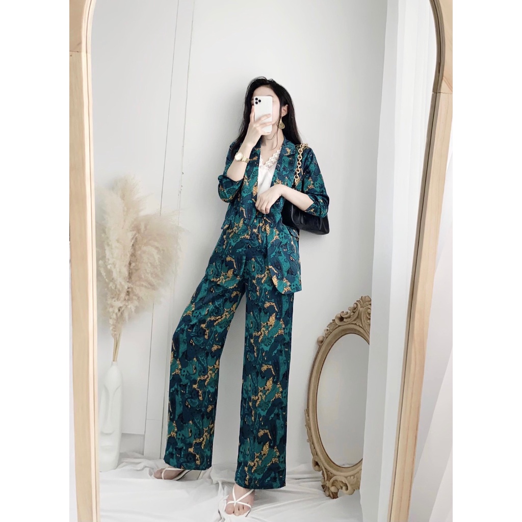 Set vest xanh lụa satin chanh xả siêu đẹp 2169