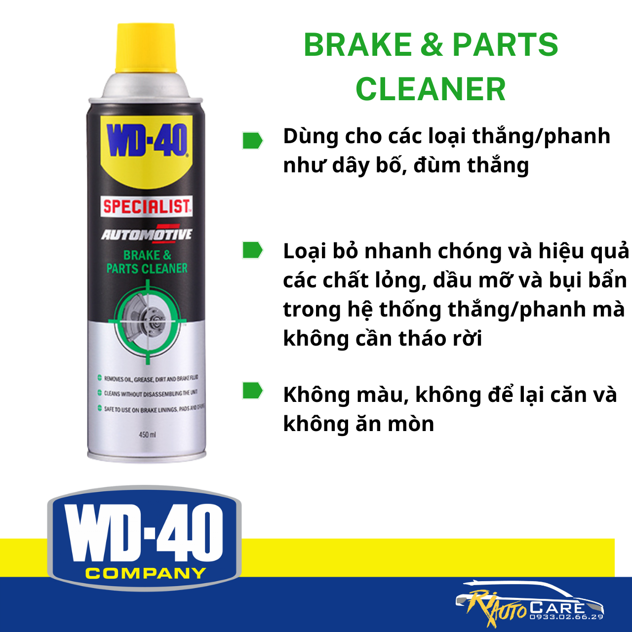 Dung dịch vệ sinh cụm thắng/phanh xe máy ô tô wd-40 brake & parts cleaner 450ml